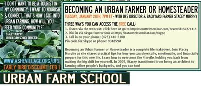 A message from our friends at @[435648416506434:274:Urban Farm School]:
Our full-season, food-centric Urban Farm School is filling fast; over half the seats are spoken for. Register soon if you'd like to come spend the season, or even a month with us! This incredible 28-week program includes a Permaculture Design Course + Wise Water School + Natural Building Extravaganza, as well as in-depth workshops, field trips, and on-the-job training. 

FULL-SEASON DATES: April 12 - October 29, 2014; Mondays-Wednesdays. 1-month options (live onsite): May, June &/or August: www.ashevillage.org/community-eco-living. 
INFO/REGISTRATION: www.ashevillage.org/urban-farm-school. 
EMAIL: Stacey Murphy at stacey@ashevillage.org.